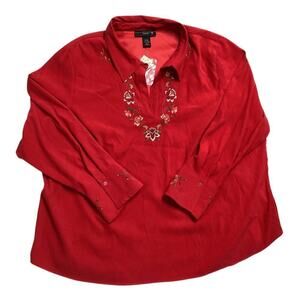 Vintage Venezia V-neck floral embroidery suede like material XXL red